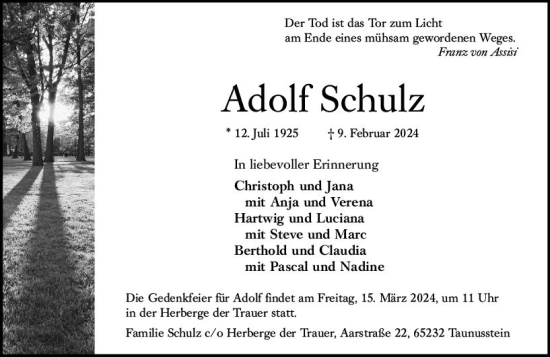 Traueranzeige von Adolf Schulz von Wiesbadener Kurier