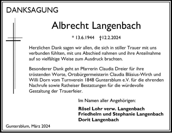 Traueranzeige von Albrecht Langenbach von Wormser Zeitung