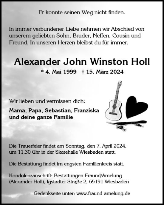 Traueranzeige von Alexander John Winston Holl von Wiesbadener Kurier