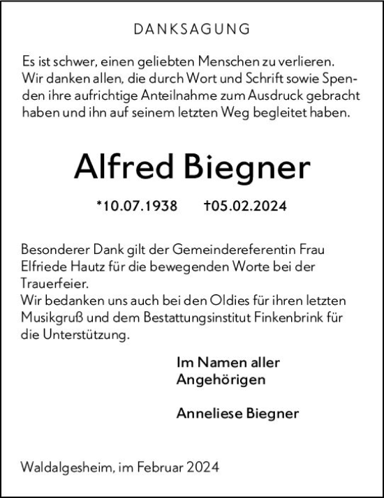 Traueranzeige von Alfred Biegner von Allgemeine Zeitung Bingen/Ingelheim