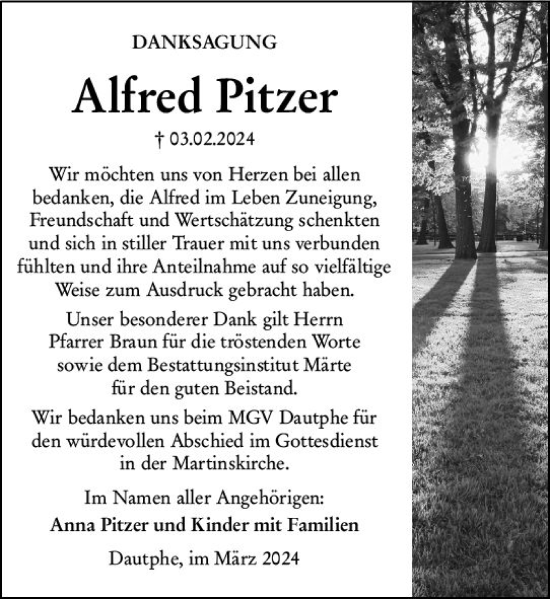 Traueranzeige von Alfred Pitzer von Hinterländer Anzeiger