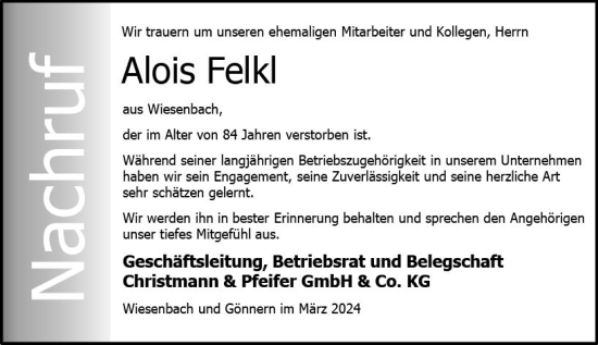 Traueranzeige von Alois Felkl von Hinterländer Anzeiger