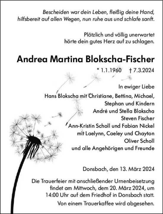 Traueranzeige von Andrea Martina Blokscha-Fischer von Dill Block
