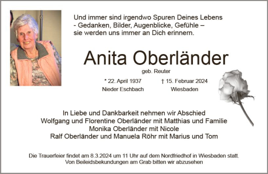 Traueranzeige von Anita Oberländer von Wiesbadener Kurier