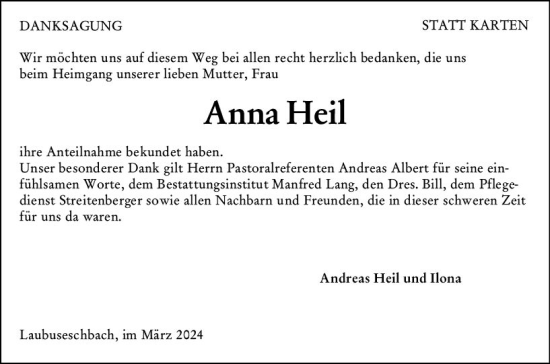 Traueranzeige von Anna Heil von Weilburger Tageblatt