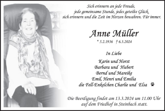 Traueranzeige von Anne Müller von Odenwälder Echo