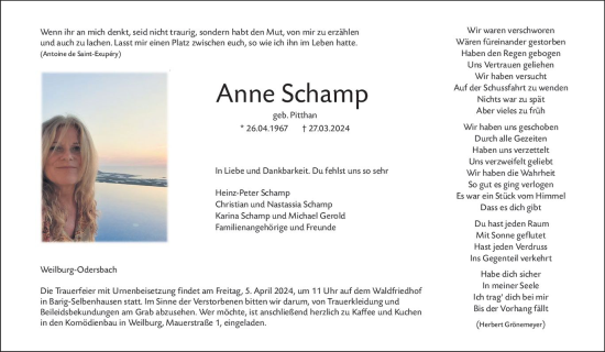 Traueranzeige von Anne Schamp von Weilburger Tageblatt