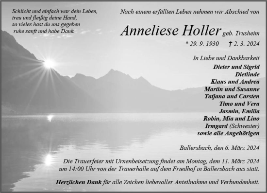 Traueranzeige von Anneliese Holler von Dill Block