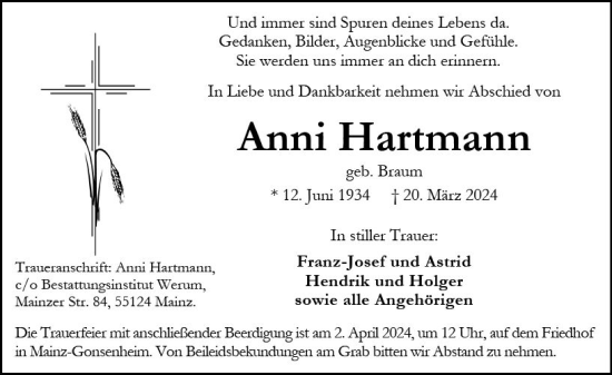 Traueranzeige von Anni Hartmann von Allgemeine Zeitung Mainz