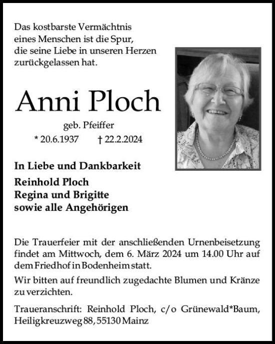 Traueranzeige von Anni Ploch von Allgemeine Zeitung Mainz