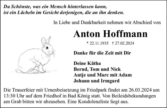 Traueranzeige von Anton Hoffmann von Odenwälder Echo