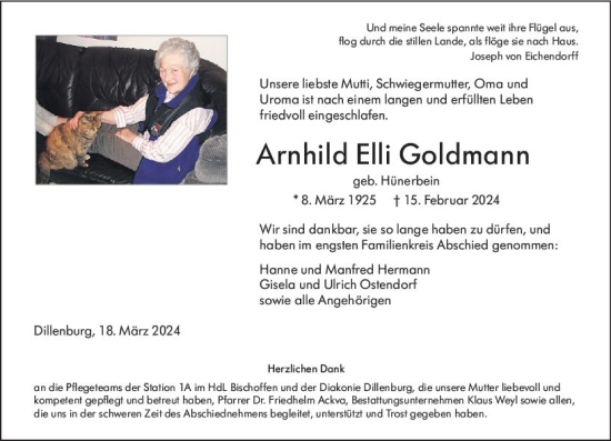Traueranzeige von Arnhild Elli Goldmann von Dill Block