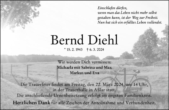 Traueranzeige von Bernd Diehl von Wetzlarer Neue Zeitung