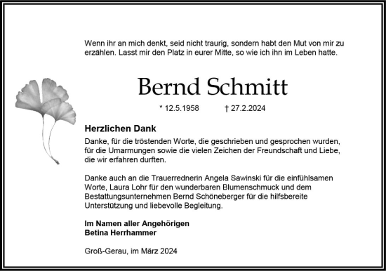 Traueranzeige von Bernd Schmitt von Groß-Gerauer Echo