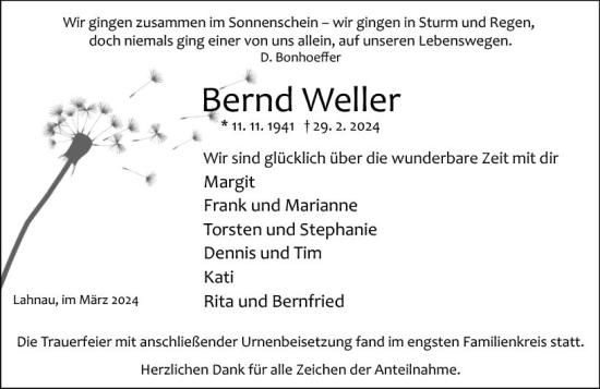 Traueranzeige von Bernd Weller von Wetzlarer Neue Zeitung