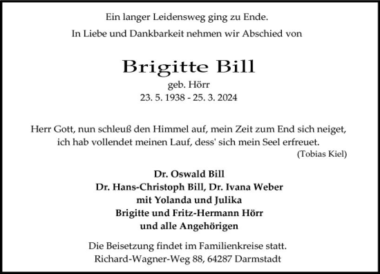 Traueranzeige von Brigitte Bill von Darmstädter Echo