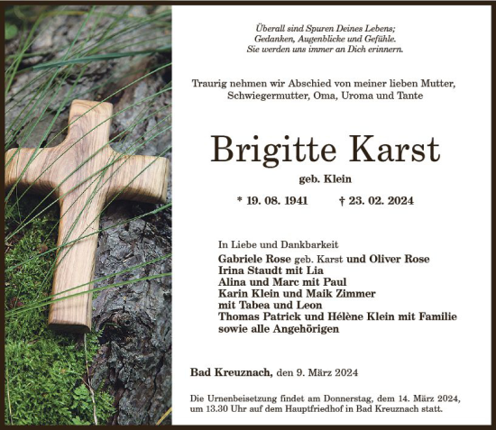 Traueranzeige von Brigitte Karst von Allgemeine Zeitung Bad Kreuznach