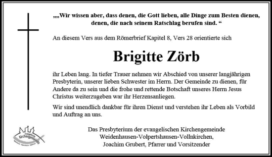 Traueranzeige von Brigitte Zörb von Wetzlarer Neue Zeitung