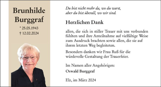 Traueranzeige von Brunhilde Burggraf von Nassauische Neue Presse