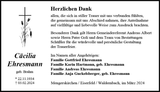 Traueranzeige von Cäcilia Ehresmann von Weilburger Tageblatt