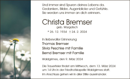 Traueranzeige von Christa Bremser von Wetzlarer Neue Zeitung