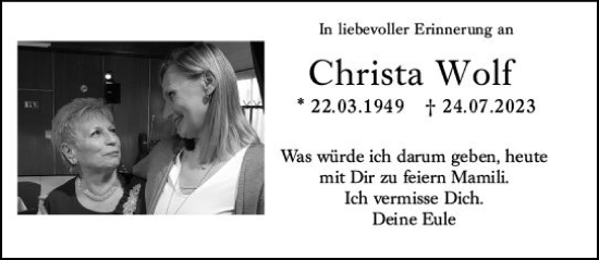 Traueranzeige von Christa Wolf von Wiesbadener Kurier
