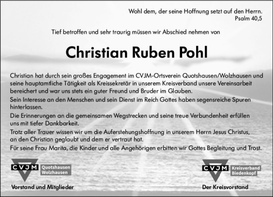 Traueranzeige von Christian Ruben Pohl von Hinterländer Anzeiger