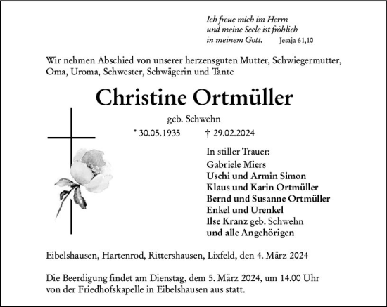 Traueranzeige von Christine Ortmüller von Dill Block