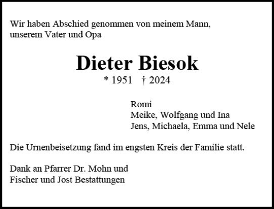 Traueranzeige von Dieter Biesok von Wiesbadener Kurier
