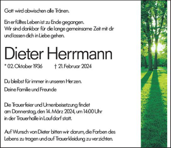 Traueranzeige von Dieter Herrmann von Wetzlarer Neue Zeitung