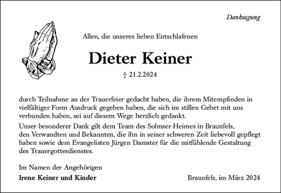Traueranzeige von Dieter Keiner von Wetzlarer Neue Zeitung