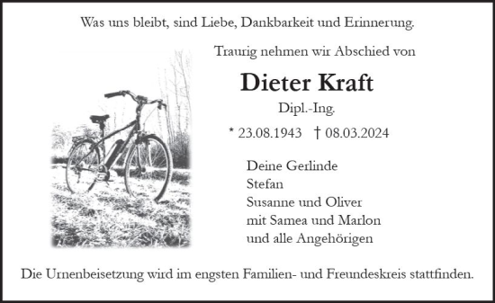 Traueranzeige von Dieter Kraft von Darmstädter Echo