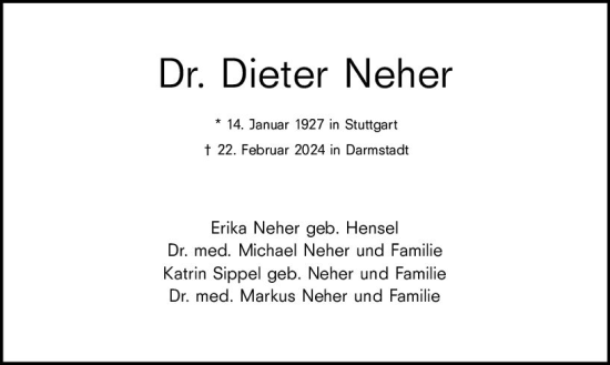 Traueranzeige von Dieter Neher von Darmstädter Echo