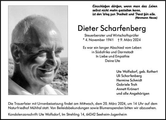 Traueranzeige von Dieter Scharfenberg von Darmstädter Echo