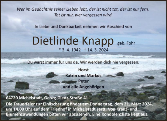 Traueranzeige von Dietlinde Knapp von Odenwälder Echo