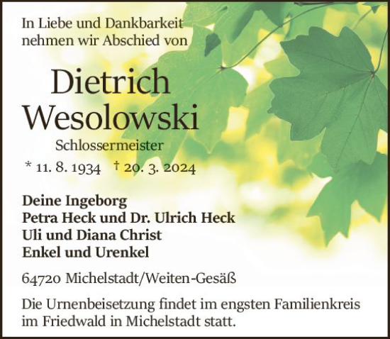 Traueranzeige von Dietrich Weselowski von Odenwälder Echo
