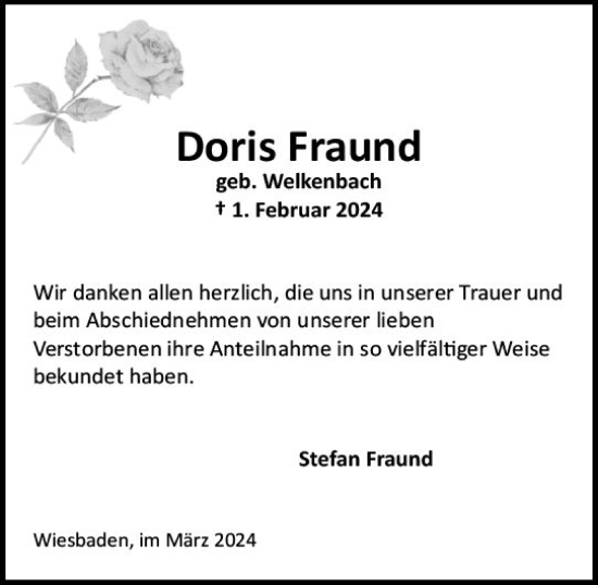 Traueranzeige von Doris Fraund von Wiesbadener Kurier