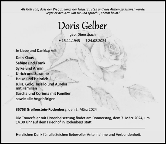Traueranzeige von Doris Gelber von Dill Block
