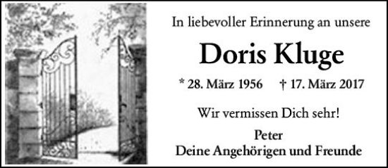 Traueranzeige von Doris Kluge von Wiesbadener Kurier