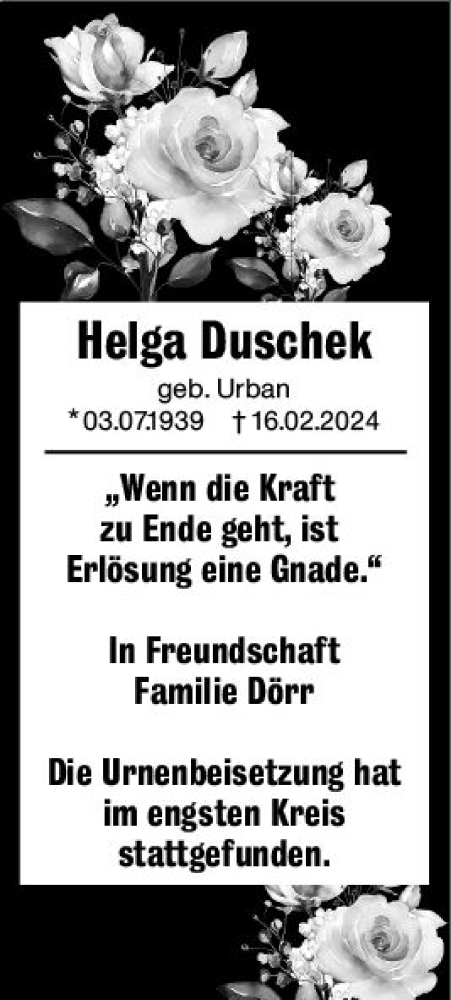 Traueranzeige von Duschek Helga von Wiesbadener Kurier