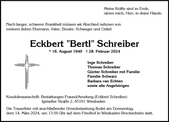 Traueranzeige von Eckbert Schreiber von Wiesbadener Kurier