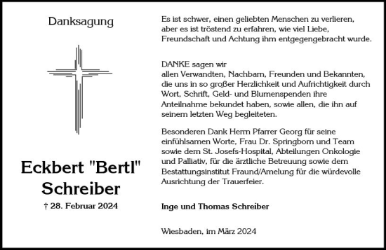 Traueranzeige von Eckbert Schreiber von Wiesbadener Kurier