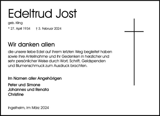 Traueranzeige von Edeltrud Jost von Allgemeine Zeitung Bingen/Ingelheim