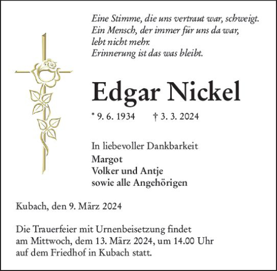 Traueranzeige von Edgar Nickel von Weilburger Tageblatt