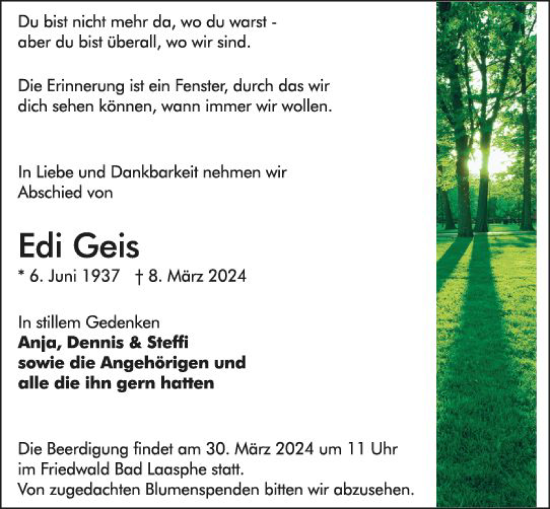 Traueranzeige von Edi Geis von Hinterländer Anzeiger