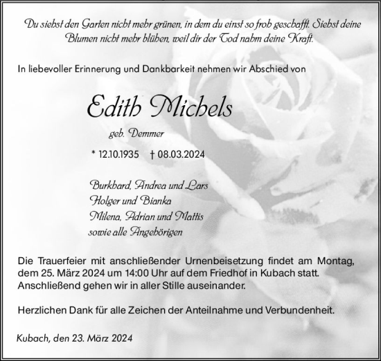 Traueranzeige von Edith Michels von Weilburger Tageblatt