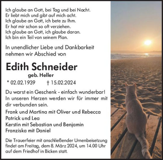 Traueranzeige von Edith Schneider von Dill Block