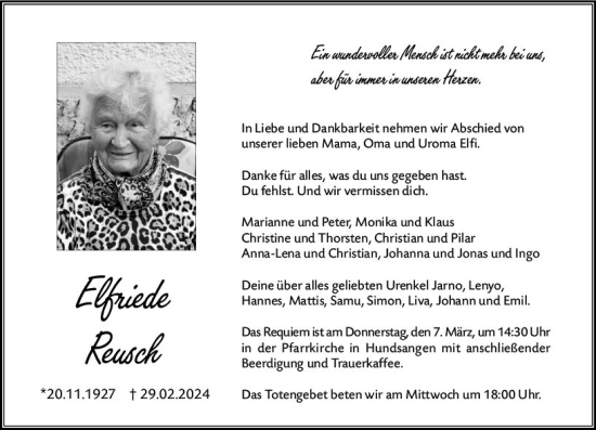 Traueranzeige von Elfriede Reusch von Nassauische Neue Presse