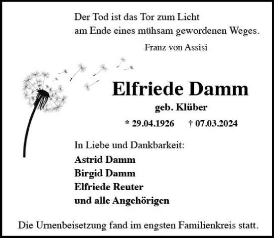 Traueranzeige von Elfriede Reuter von Rheingau Kurier