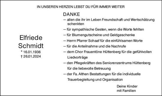Traueranzeige von Elfriede Schmidt von Wetzlarer Neue Zeitung